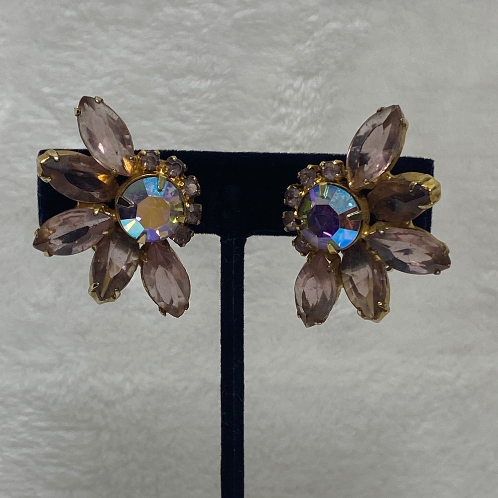Vintage Juliana Delizza & Elster Flower Clip On Earrings Faceted Rhinestones